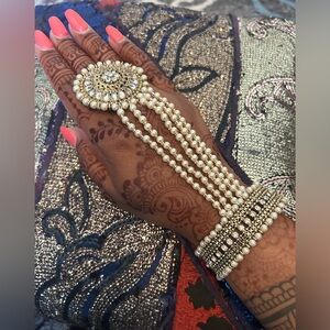 Pakistani Ring to Hand pearl and rhinestone bracelet